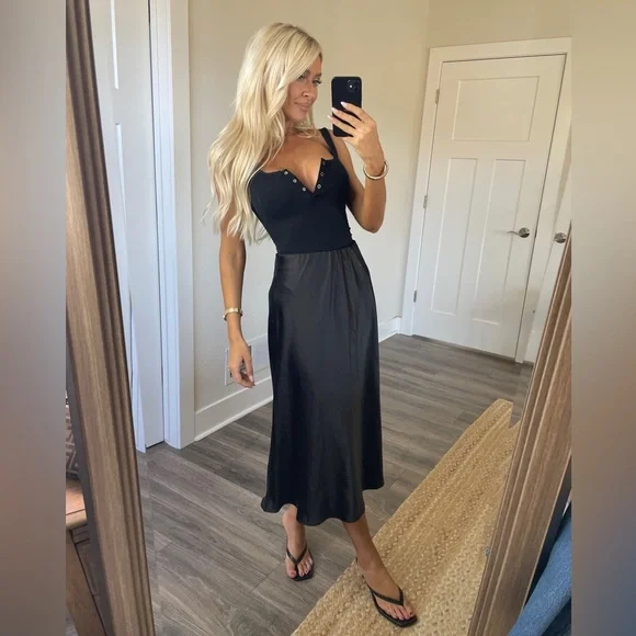 Black Satin Midi Skirt - Women's Classic Slip Skirt - Picture 1 of 3